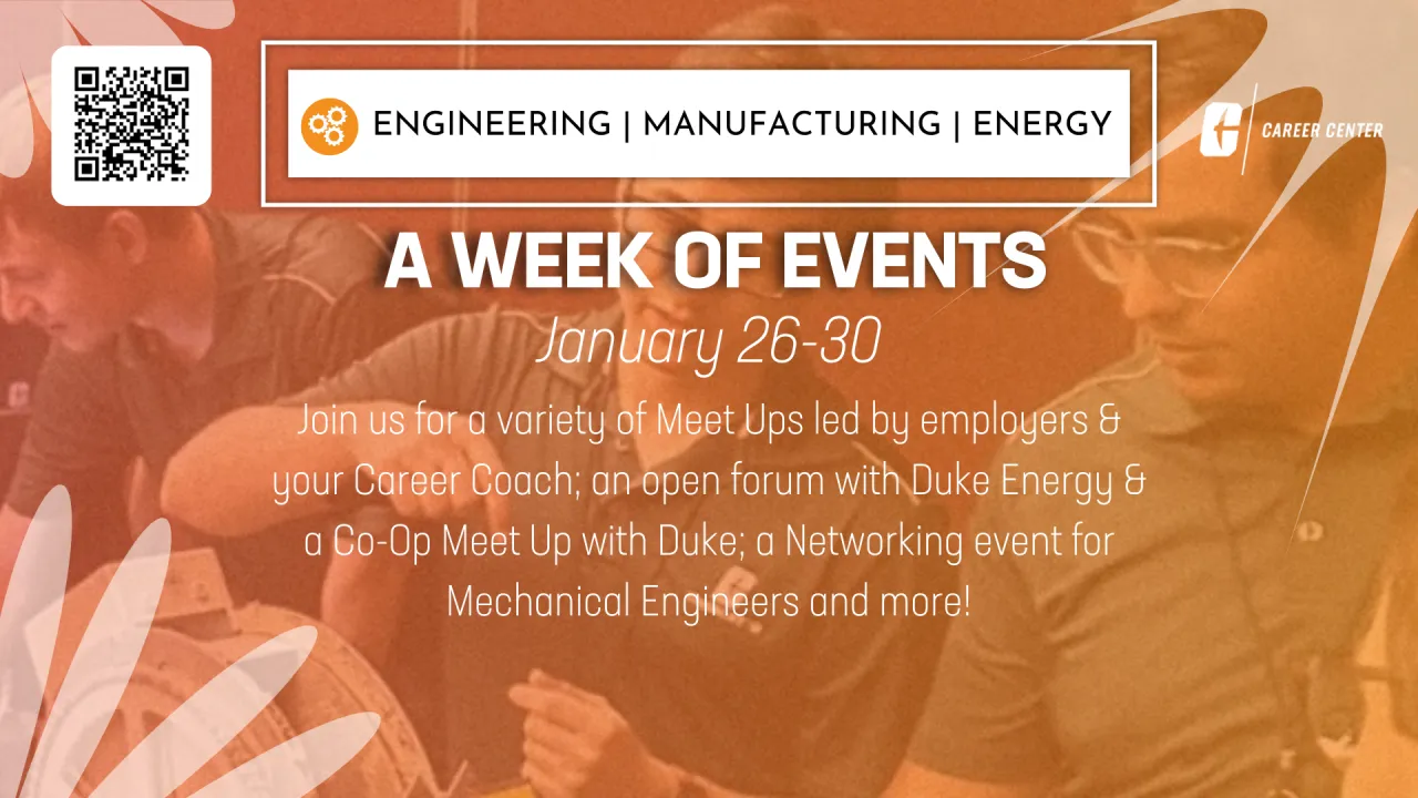Engineers in the foreground, transparent orange color background with "Engineering, Manufacturing & Energy Career Community" Logo and a QR code and text.