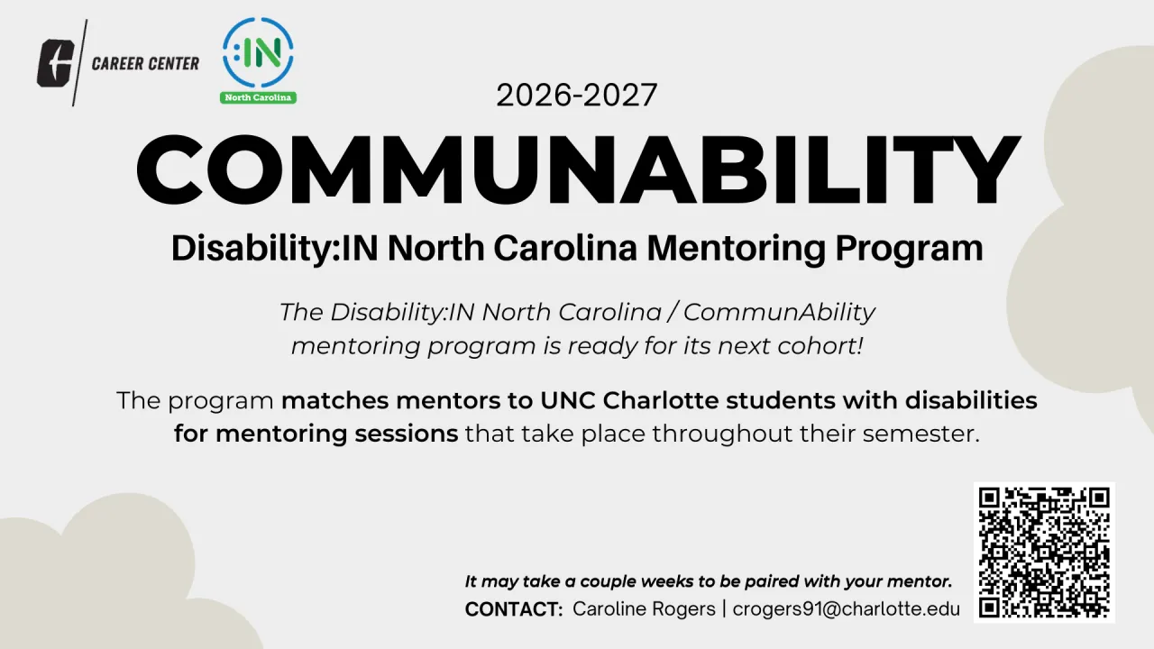 CommunAbility Mentoring Program- QR code link on bottom right of the poster, career center and disabilityIN link displayed at top left of the poster, CommunAbility Details listed