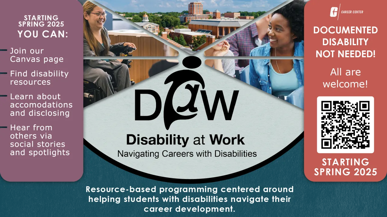 Poster advertising the Disability @ Work Canvas Page: Enrollment link: https://instructure.charlotte.edu/enroll/44TDE4