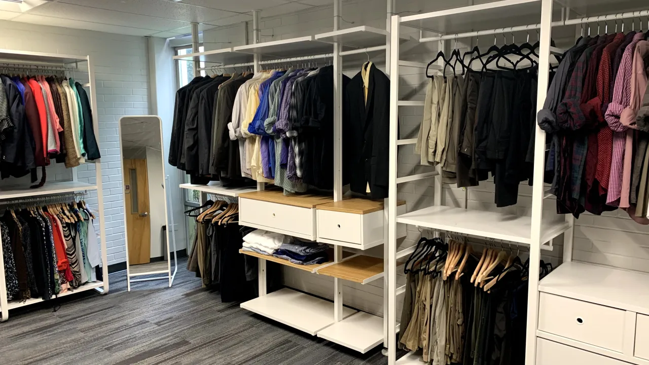 Inside Image of Professional Clothing Closet, showing Clothing Racks along the wall