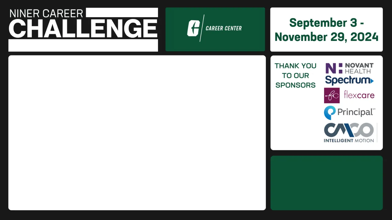 Niner Career Challenge runs september 3 through november 29. Thank you to novant, spectrum, flexcare, principal, and columbus mckinnen for sponsoring.