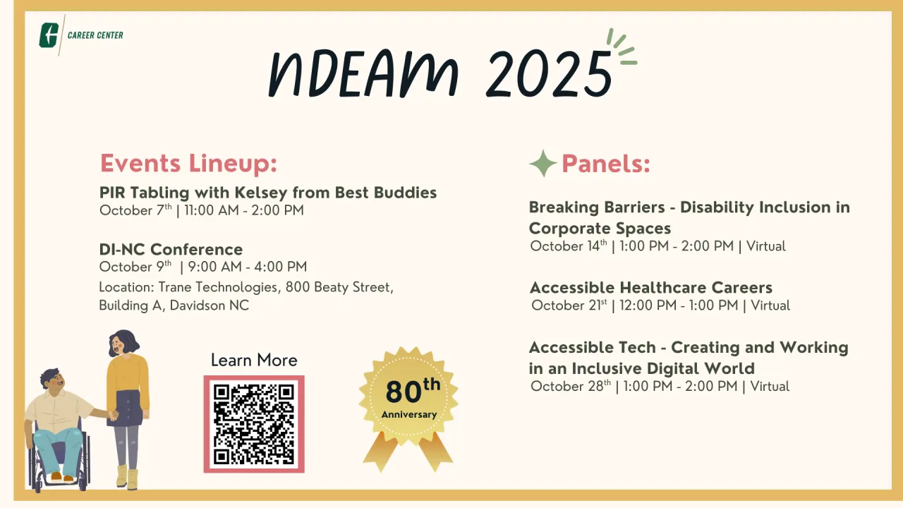 NDEAM 2025 poster, with listed events- it is pale yellow with two cartoon people at the bottom, one is in pale yellow in a wheelchair with blue pants, the other is in a mustard yellow shirt with a black skirt, the 80th anniversary of NDEAM is shown