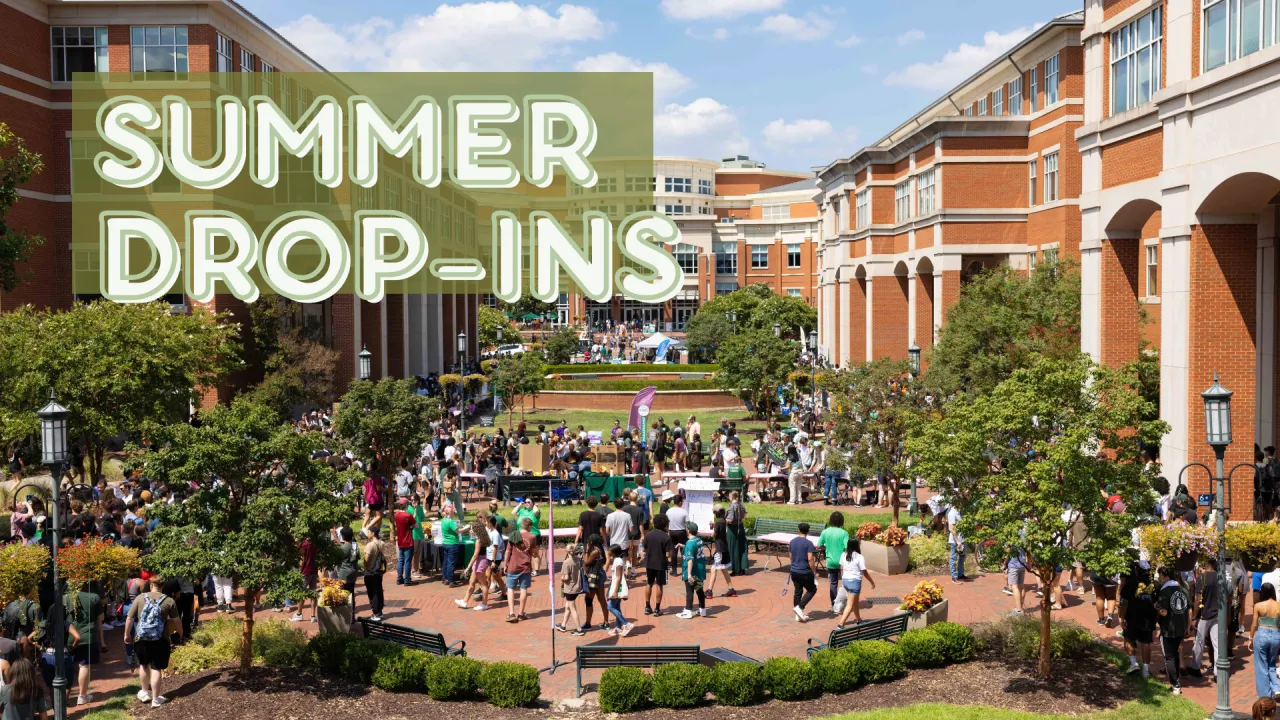 Summer drop ins text in upper left corner over an image of a filled CHHS plaza facing the student union