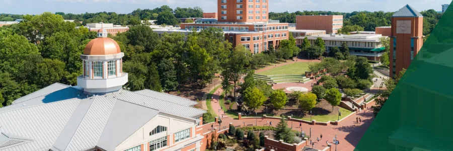 UNC Charlotte aerial shot taken over CHHS plaza looking toward the clocktower
