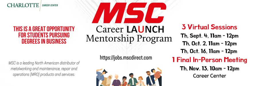 MSC Career LAUNCH Mentorship Program Fall 2025 banner with 3 virtual session and 1 final in person meeting dates and times.