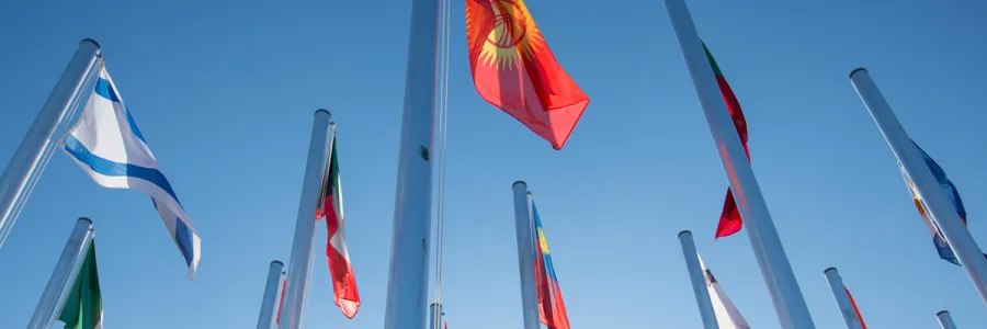 Looking up towards Flags of multiple countries around the world on flag poles against blue sky