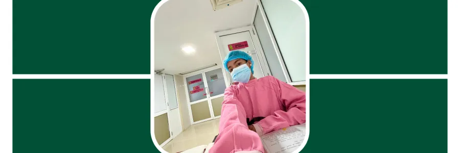 Nethika Hettiarachchi wearing scrubs at her internship