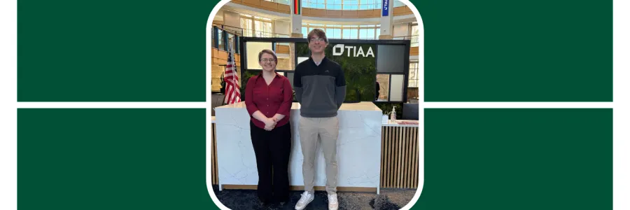 Nyx stark stands with a peer at the main lobby of the TIAA campus in Charlotte North Carolina