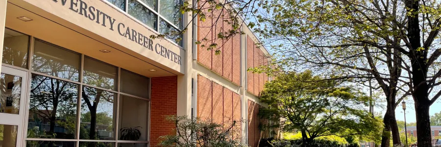 Front Facade of University Career Center, Showing the Front Doors and Sign above