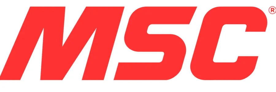 MSC logo in bold, italicized red capital letters on a white background. The letters are stylized with sharp angles, conveying motion and energy. A small registered trademark symbol appears in the upper right corner.