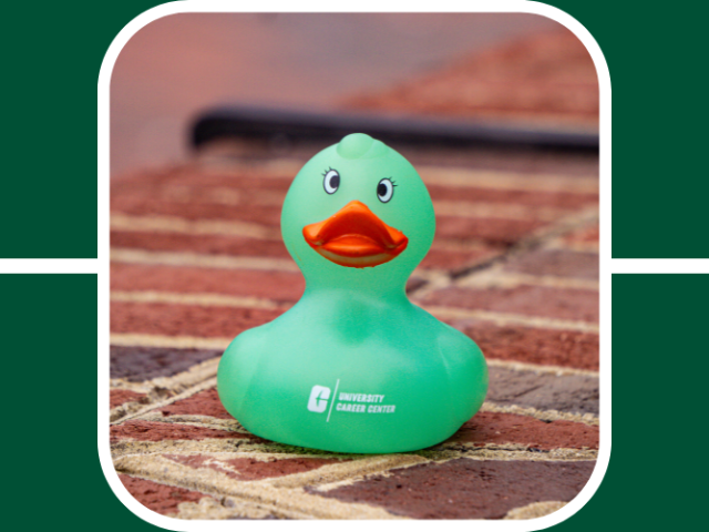 the Career Center duck is in full view sitting on some brick on unc charlotte campus