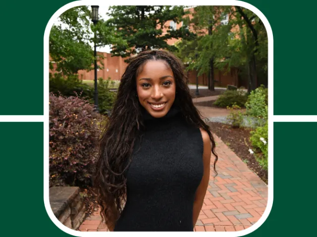 Jiya Heath poses in front of a brick walkway at UNC Charlotte for her SECU Public Fellows Internship Professional Photo