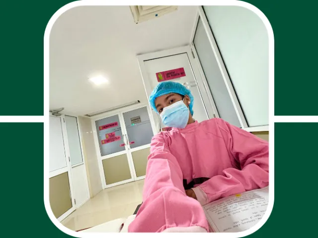 Nethika Hettiarachchi wearing scrubs at her internship