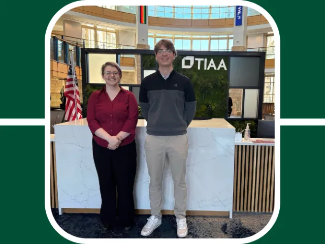 Nyx stark stands with a peer at the main lobby of the TIAA campus in Charlotte North Carolina
