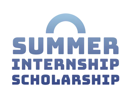 Logo for the Summer Internship Scholarship featuring bold, stacked text in varying shades of blue. The word "SUMMER" appears prominently at the top with a semicircle graphic resembling a rising sun above it. "INTERNSHIP" and "SCHOLARSHIP" are written below in block capital letters.