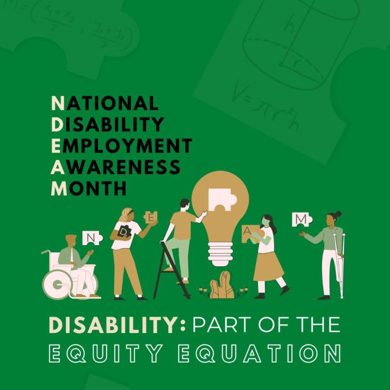 Green NDEAM posters with the text "Disability: Part of the Equity Equation." Cartoon people are seen doing various activities. The background has faint math equations.