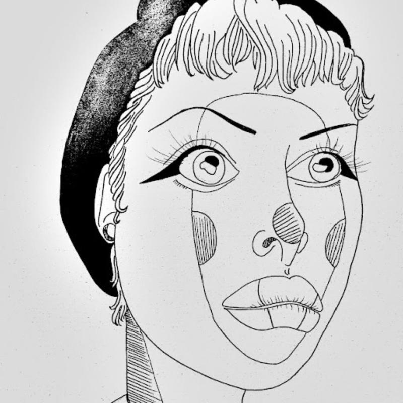 Drawing of a girl of her shoulders and face with a mask on and hair piece 