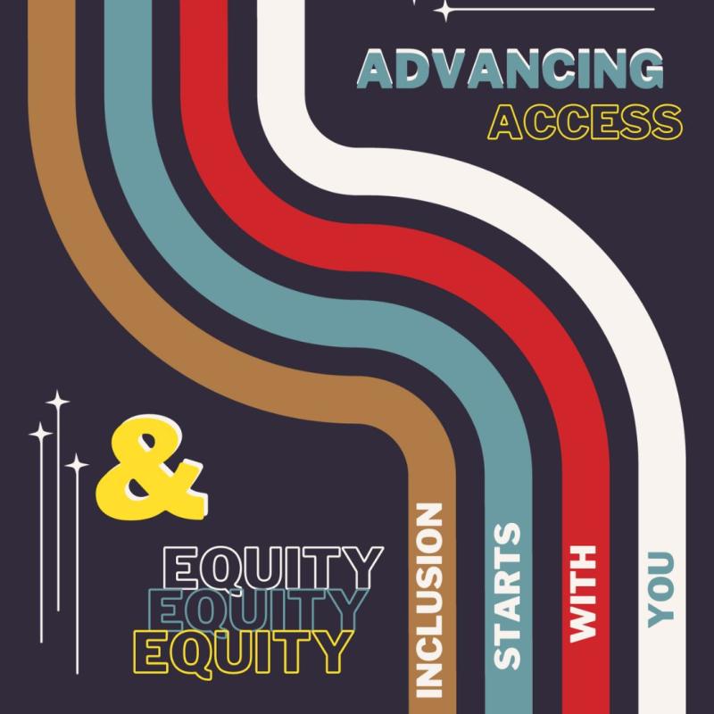 NDEAM poster, black background with 4 curvy lines with 4 different colors (brown, blue, red, and white) with text in the lower left hand corner and the upper right hand corner. 