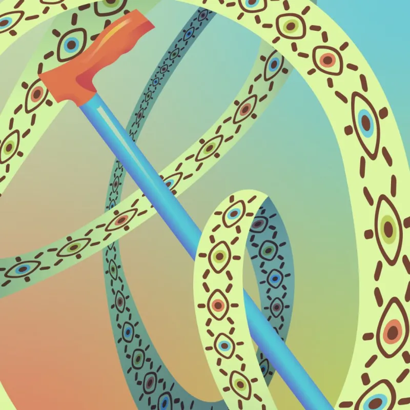 Poster with a cane in the middle of the image wrapped in banner with different colored eyes 