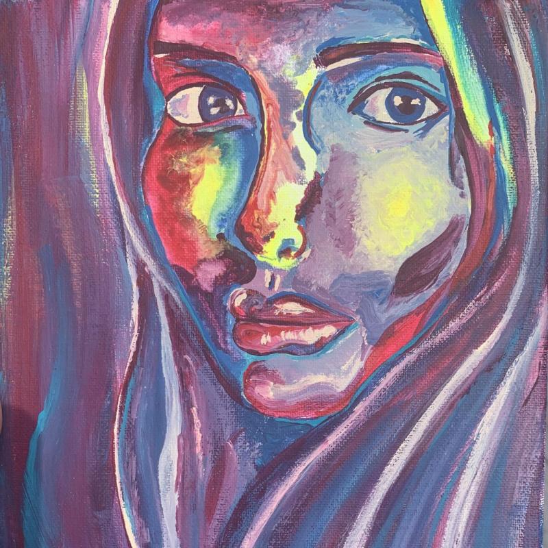 Painting of a face of a girl using the colors purple, blue, red, and yellow 